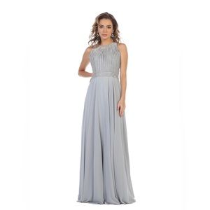 May Queen Beaded Illusion Jewel Chiffon Gown - Silver